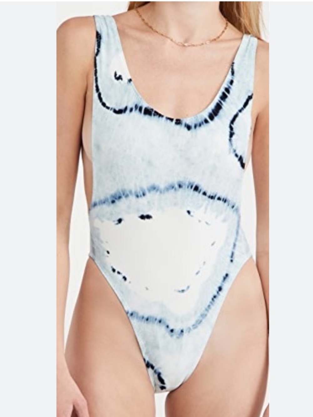 Norma Kamali Sz L Swimsuit Marissa One Piece Blue Tie Dye Scoop Neck Hi-Cut Boho